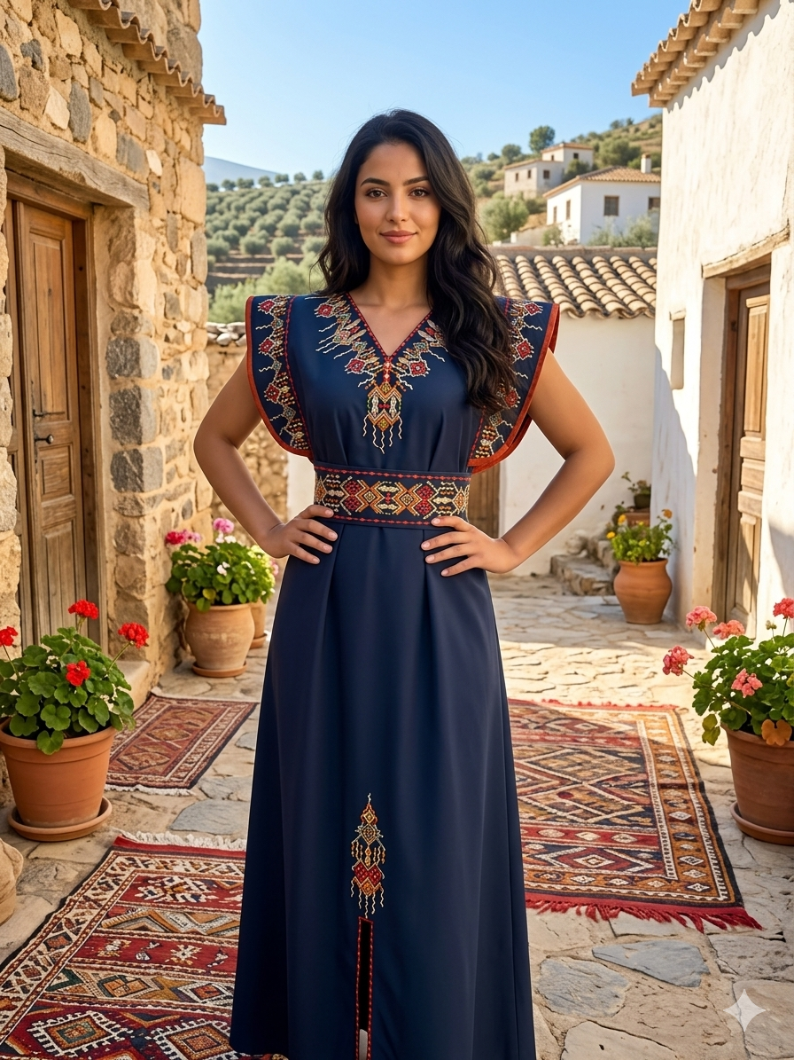 Kabylisches Festkleid "Thiziri" – Schlichte Eleganz & strukturierte Schultern