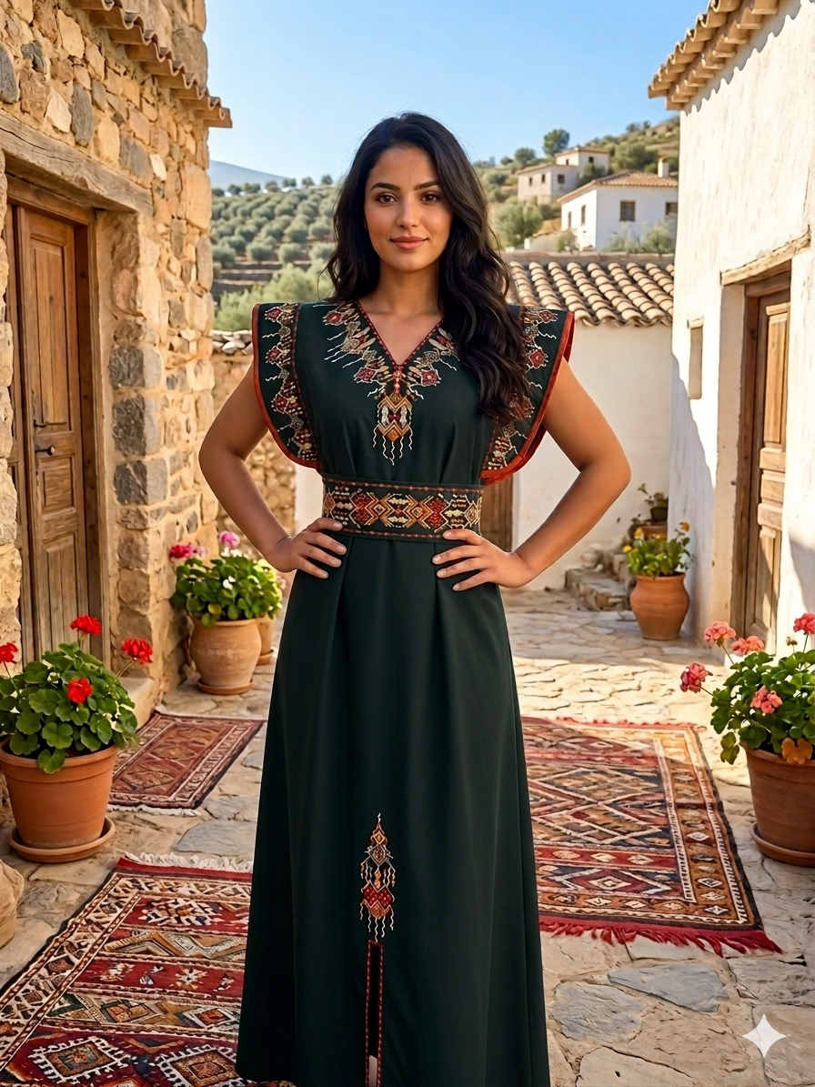 Kabylisches Festkleid "Thiziri" – Schlichte Eleganz & strukturierte Schultern