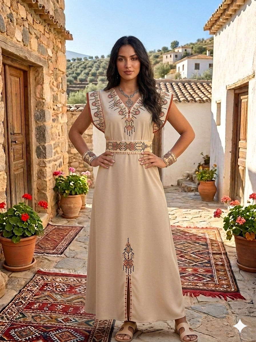Kabylisches Festkleid "Thiziri" – Schlichte Eleganz & strukturierte Schultern