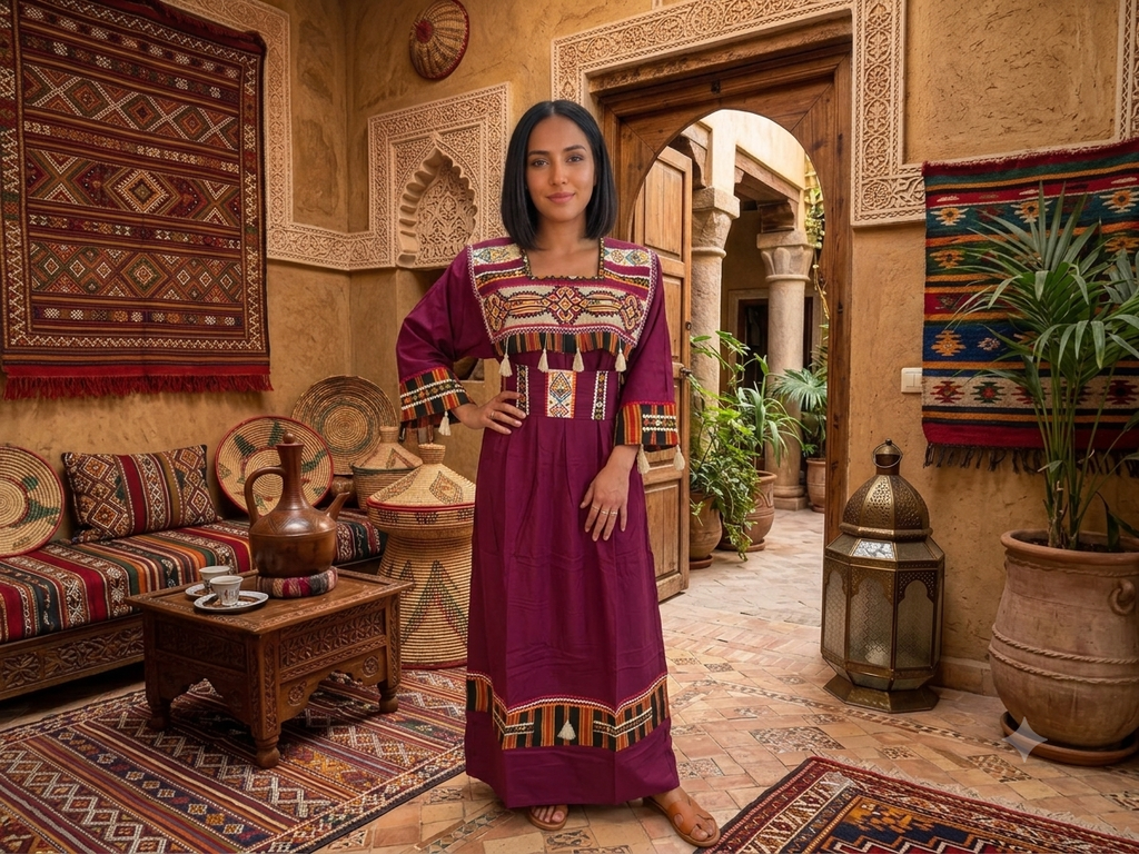Robe Traditionnelle Kabyle aux Galons Colorés – "Louiza"