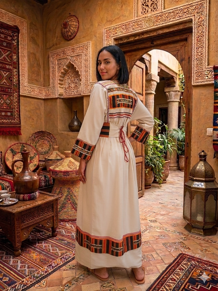Traditional Kabyle Robe with Colorful Trimmings – "Louiza"