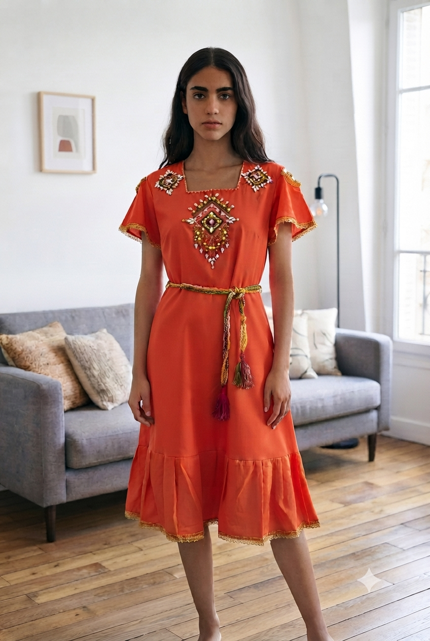 Robe moderne Kabyle aux Perlages et Galons Colorés – "Talsa"