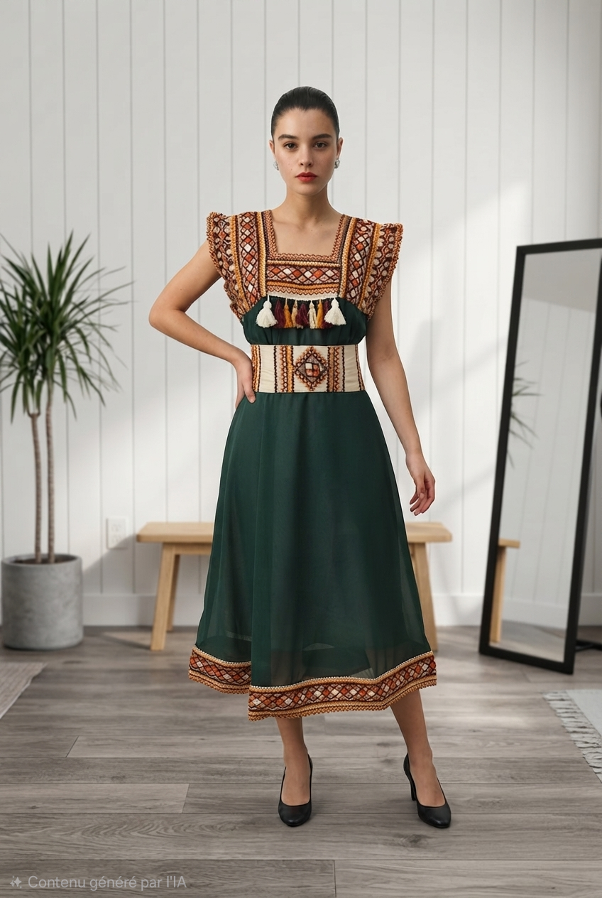 Robe Kabyle Broderie Traditionnelle & Voile Transparent "Amira"