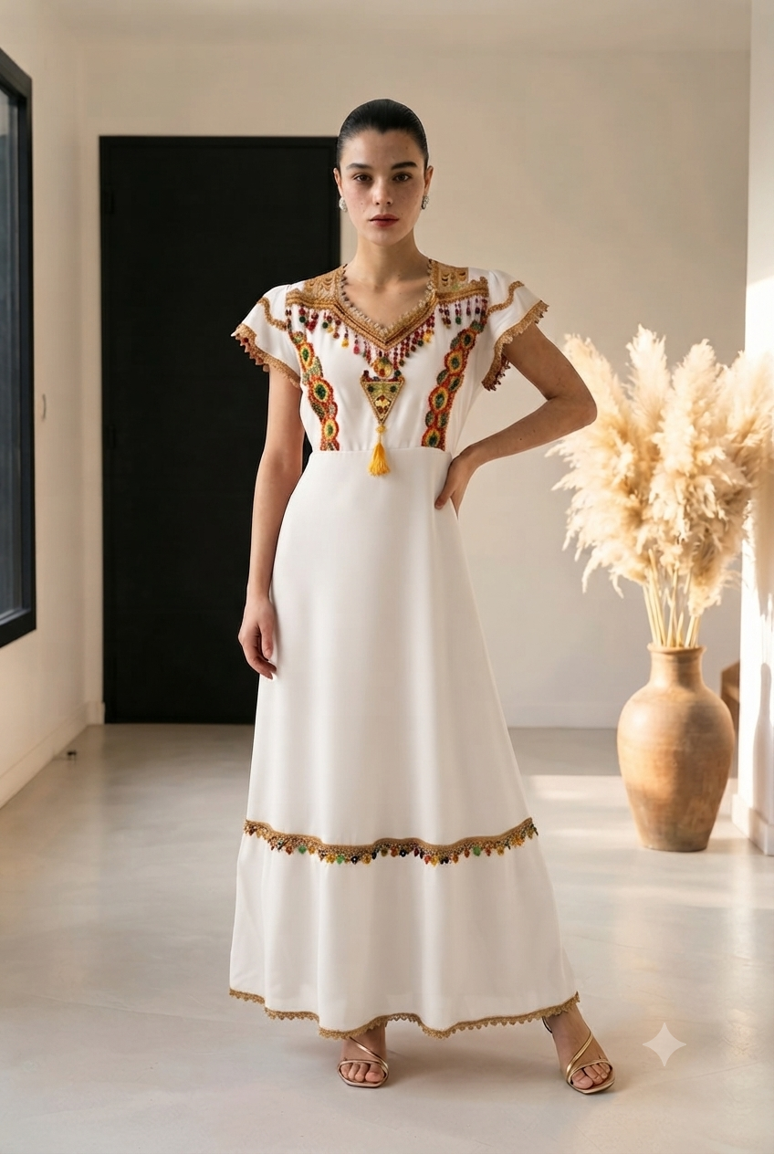 Robe Kabyle à Galons Traditionnelle & Pompons "Nadia"