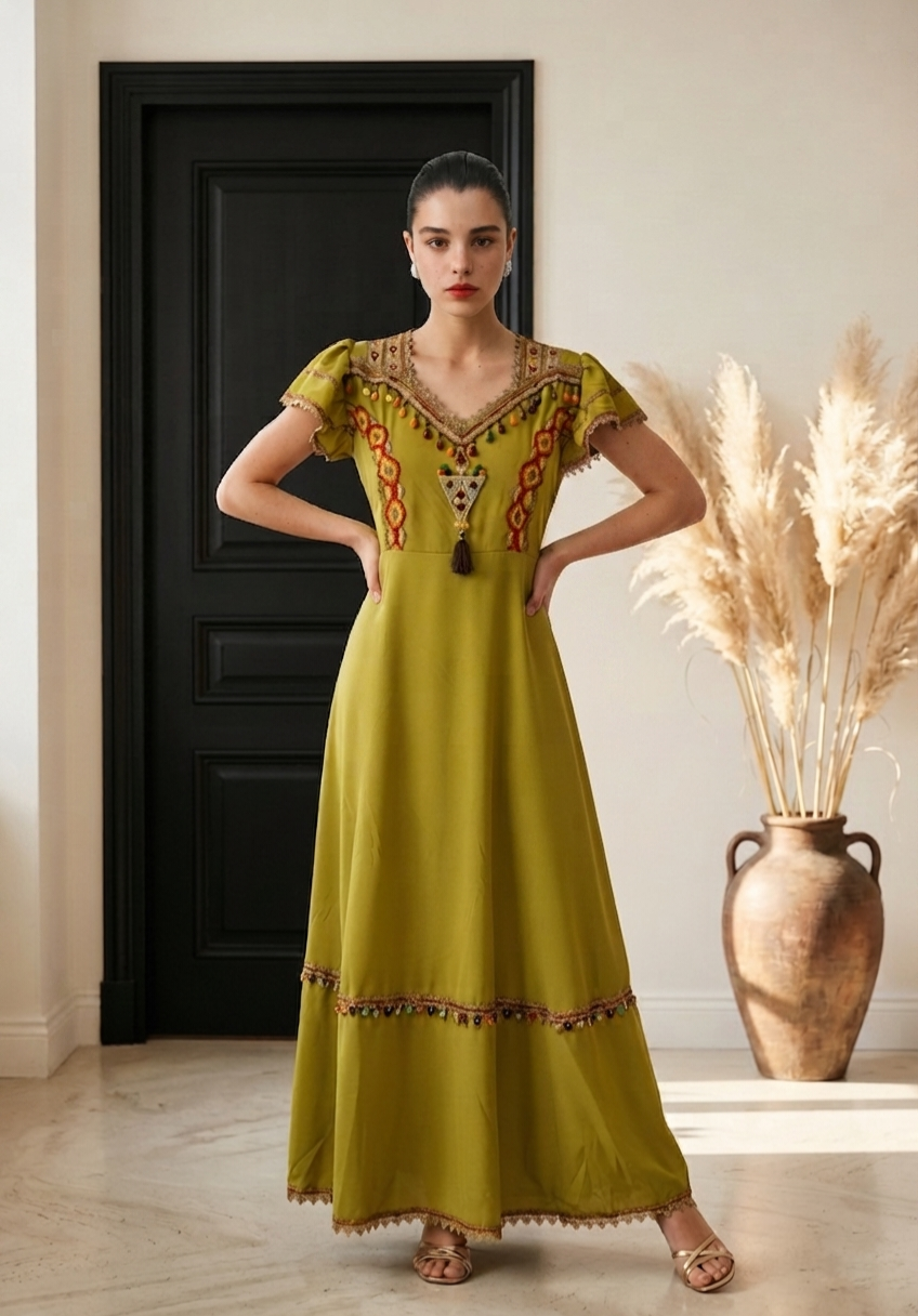 Robe Kabyle à Galons Traditionnelle & Pompons "Nadia"