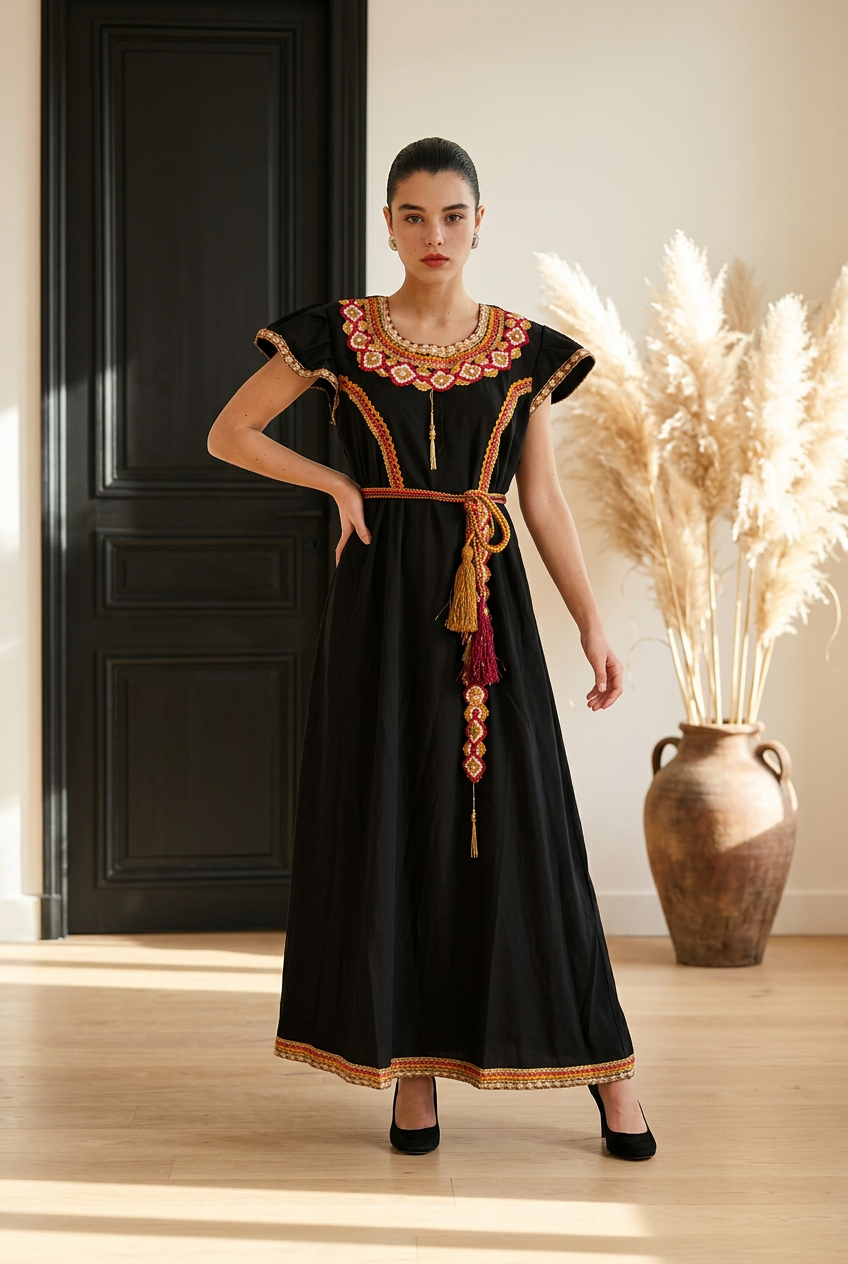 Robe Kabyle Longue avec Ceinture Tressée à Pompons – Robe Traditionnelle Berbère