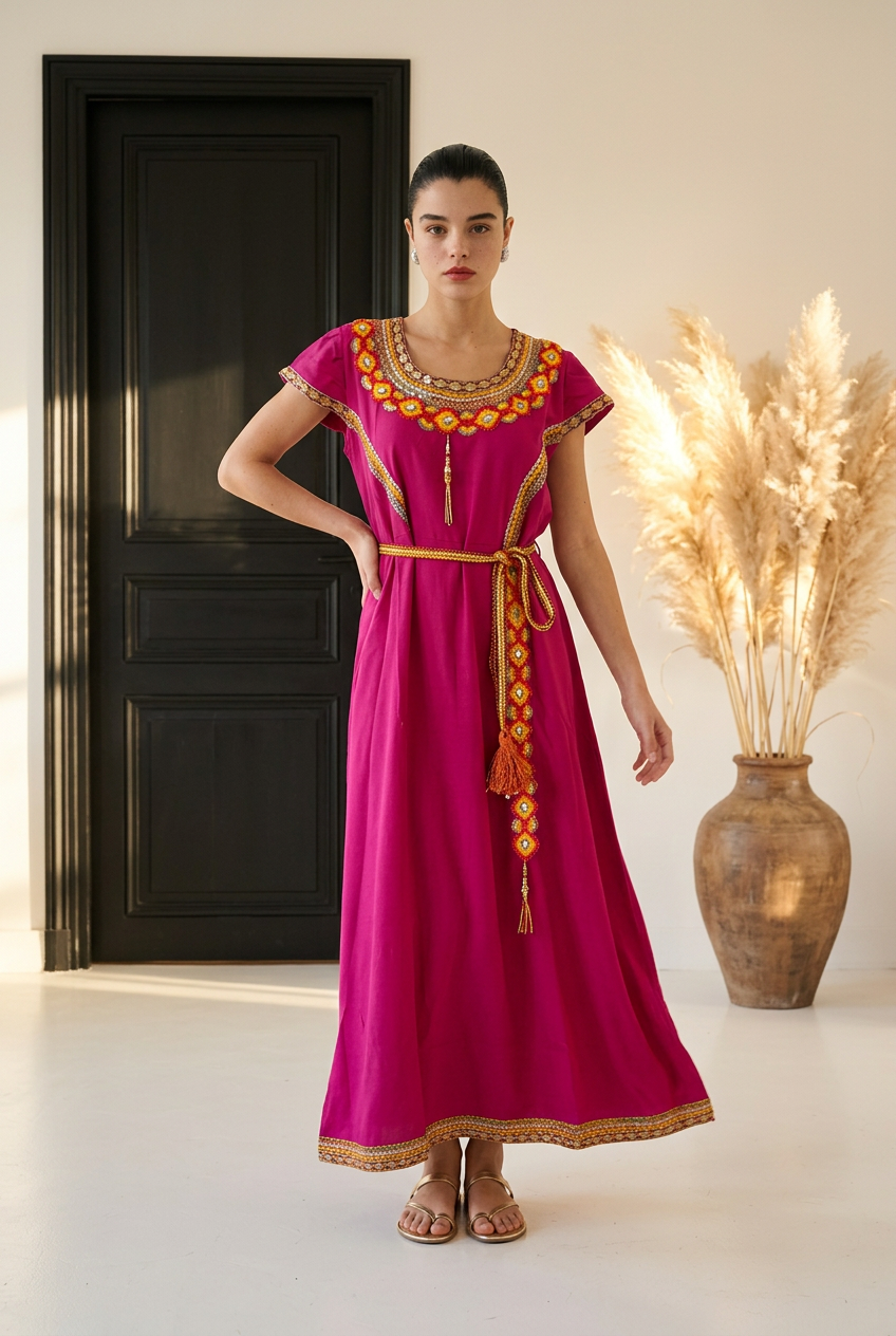 Robe Kabyle Longue avec Ceinture Tressée à Pompons – Robe Traditionnelle Berbère