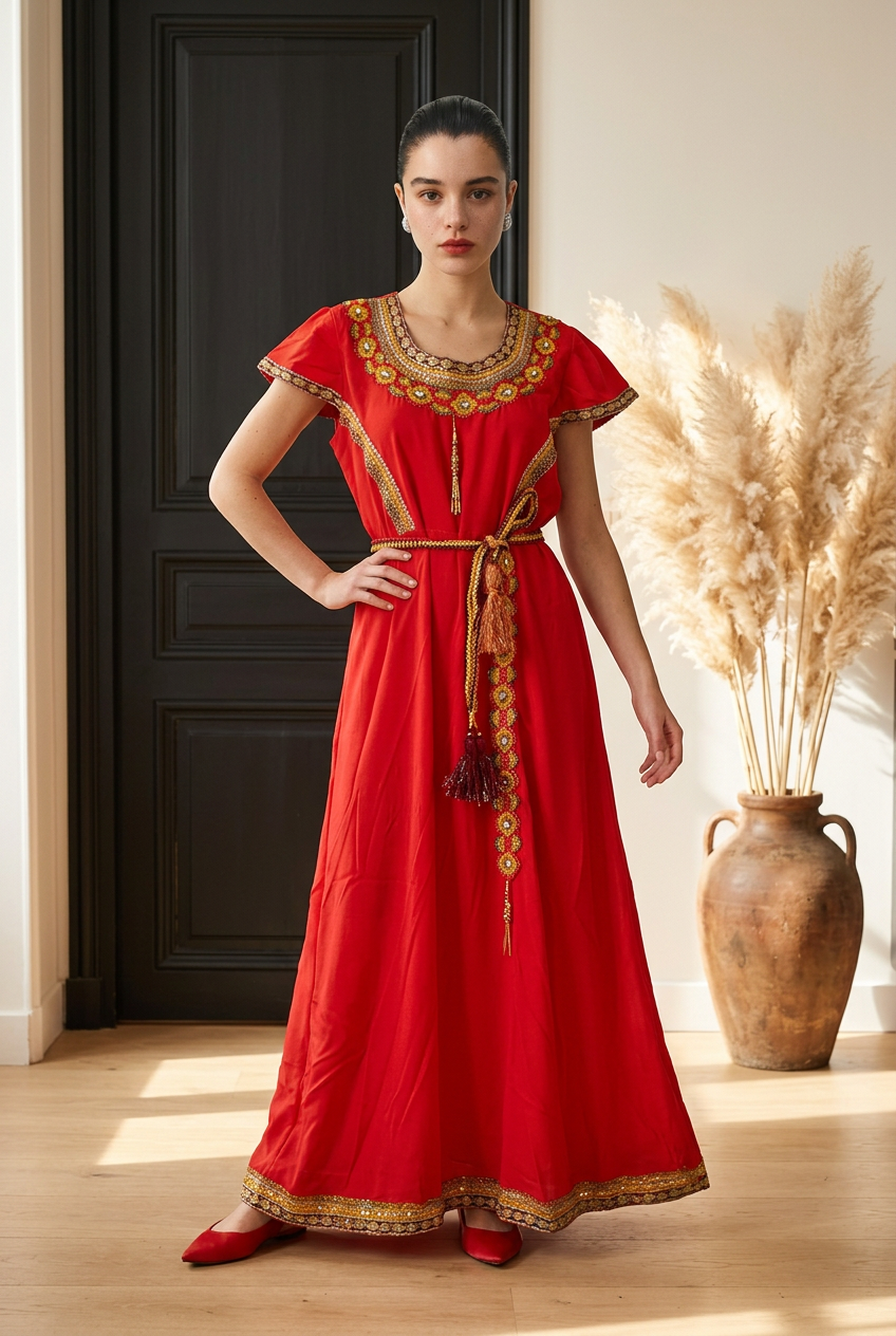 Robe Kabyle Longue avec Ceinture Tressée à Pompons – Robe Traditionnelle Berbère