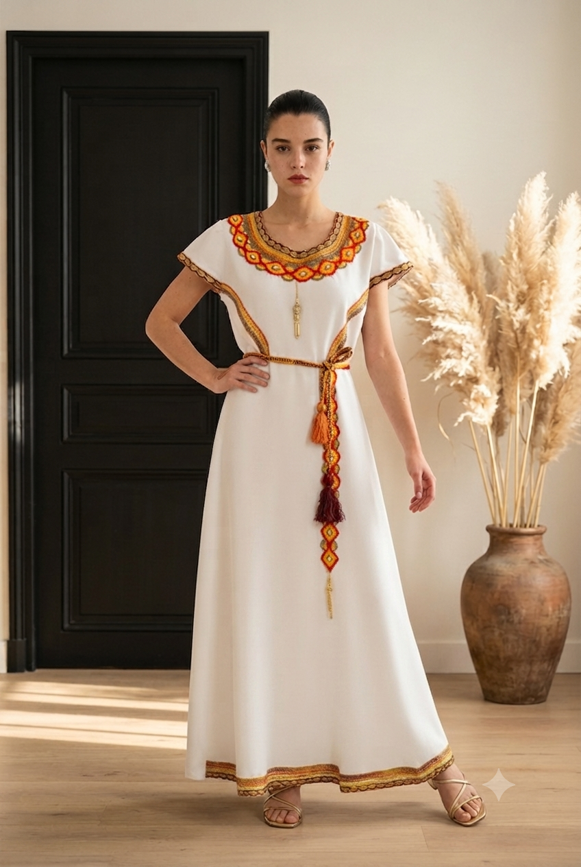 Robe Kabyle Longue avec Ceinture Tressée à Pompons – Robe Traditionnelle Berbère