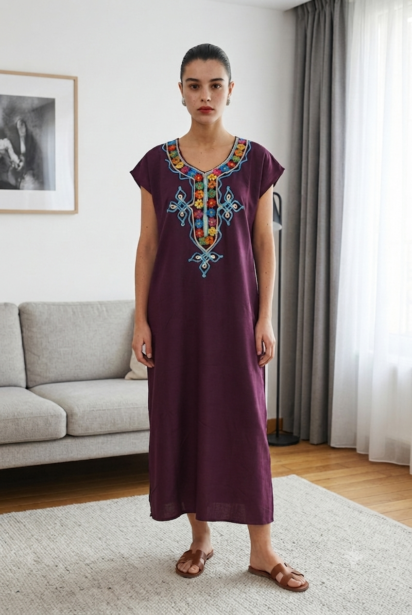 Robe Kabyle à galons Fleurs Multicolores "Nora"