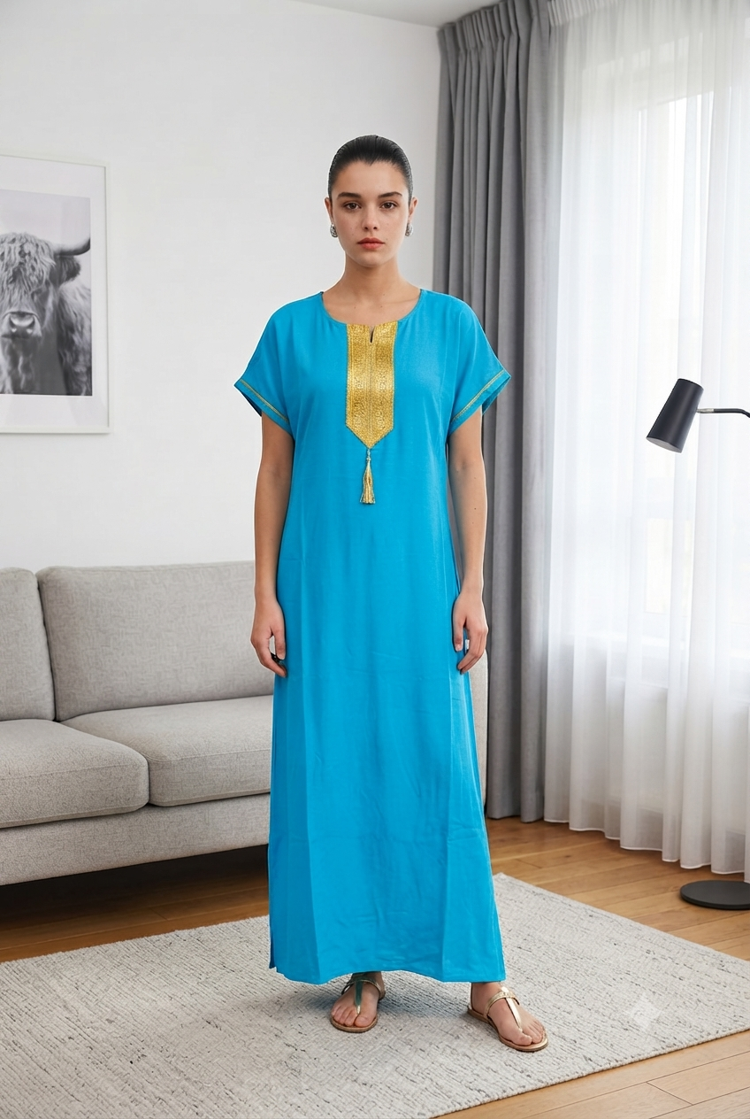 Robe Kabyle Simple à Col V Doré – Robe de maison