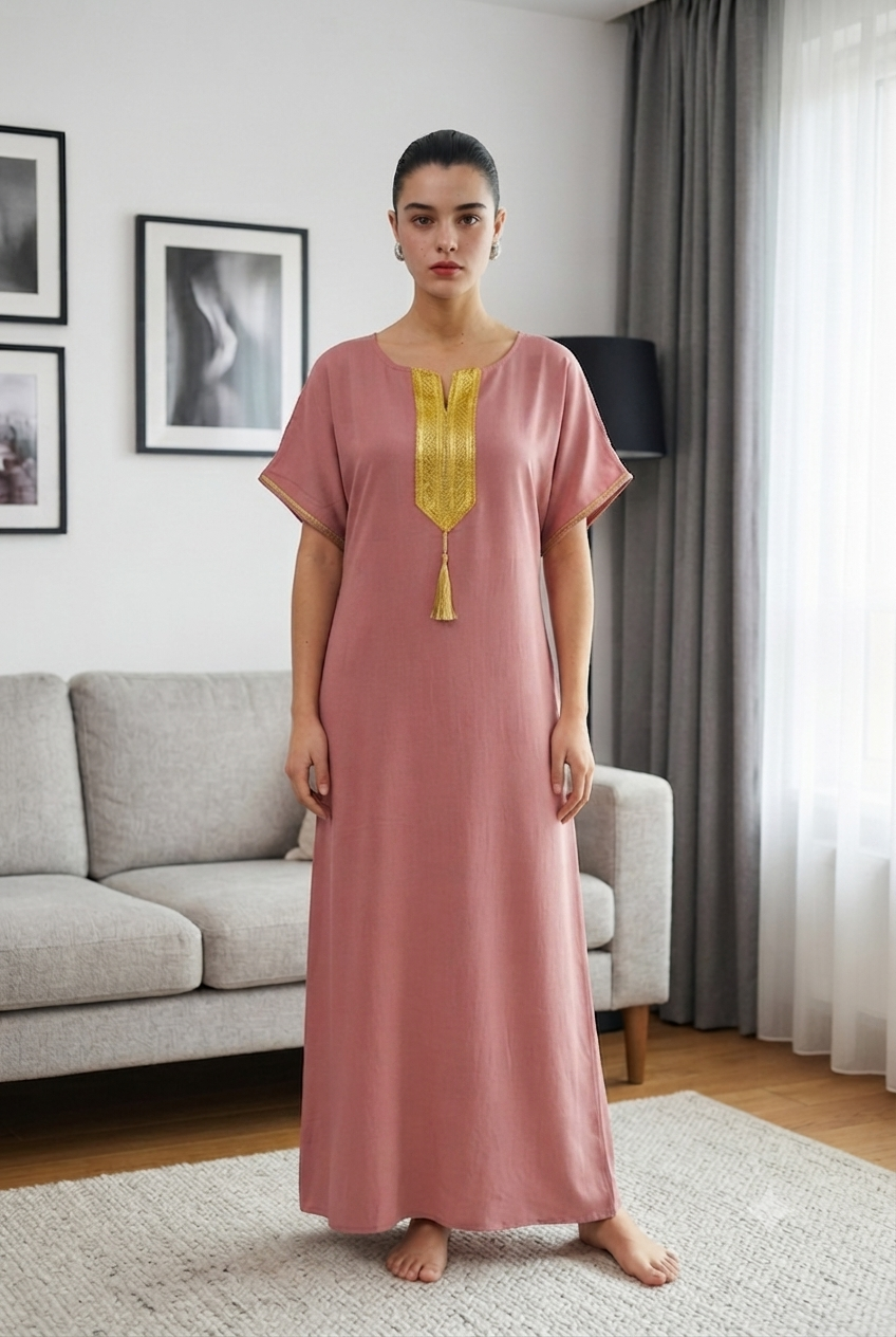 Robe Kabyle Simple à Col V Doré – Robe de maison
