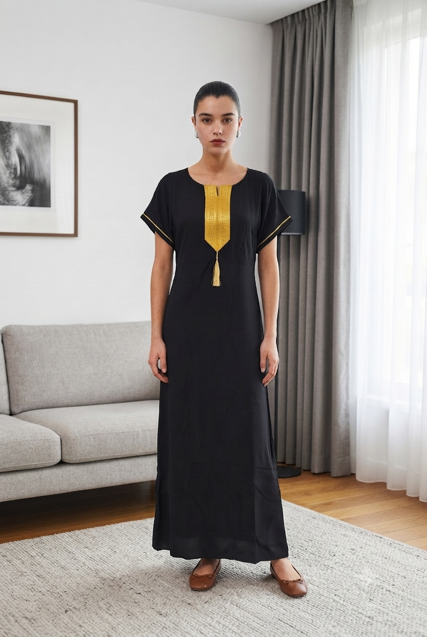 Robe Kabyle Simple à Col V Doré – Robe de maison