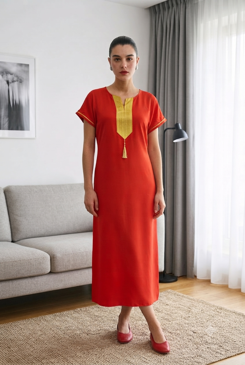 Robe Kabyle Simple à Col V Doré – Robe de maison