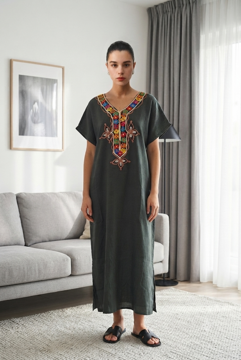 Robe Kabyle à galons Fleurs Multicolores "Nora"