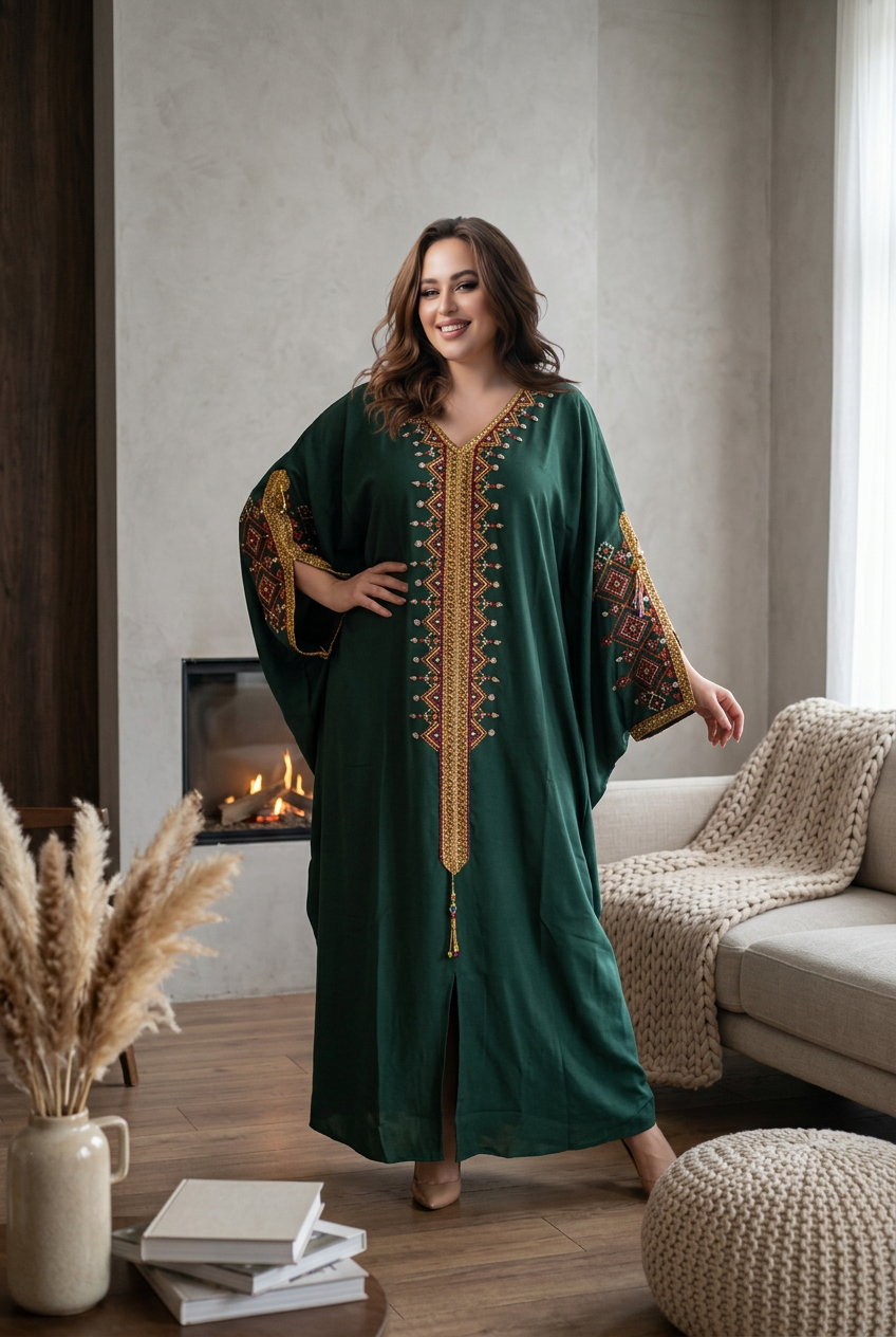 Robe Kabyle de Cérémonie Grande Taille "Dihya" – Broderie Berbère & Pompon