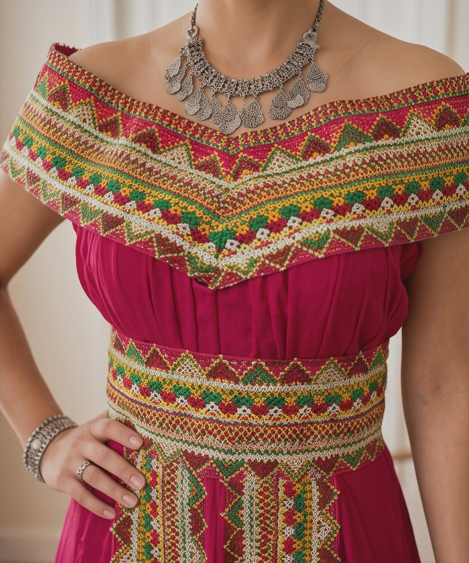 Robe kabyle de cérémonie Nawel rouge - détail broderie berbère du buste