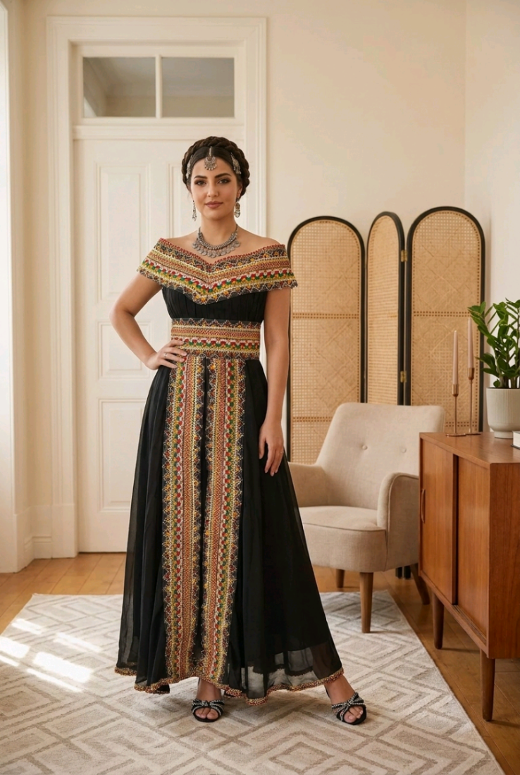 Robe kabyle de cérémonie Nawel noire portée - col brodé traditionnel berbère