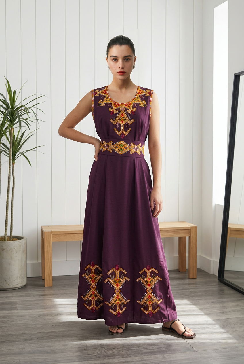 Robe kabyle Warda - coloris aubergine portée