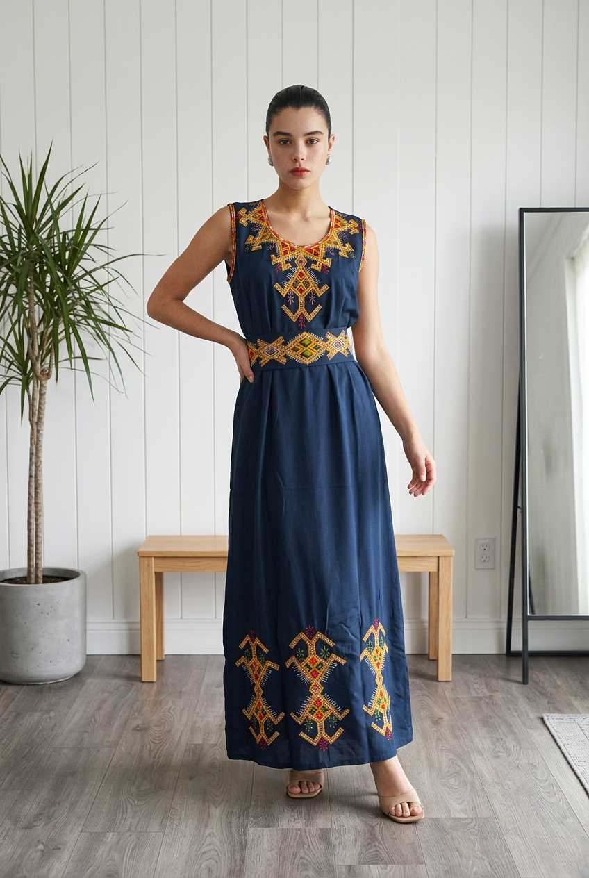 Robe kabyle Warda - coloris bleu marine portée