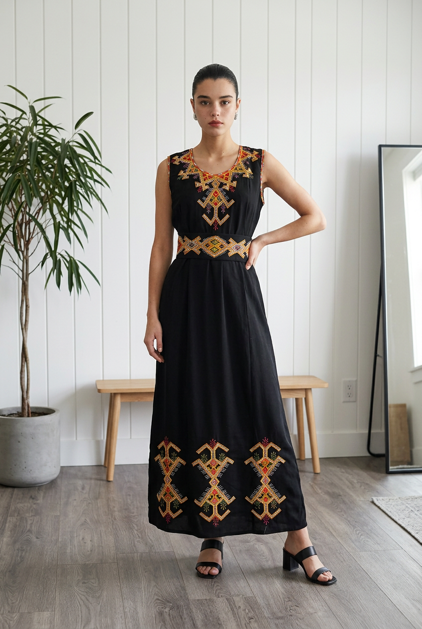 Robe kabyle Warda - coloris noir, détail broderie berbère et ceinture